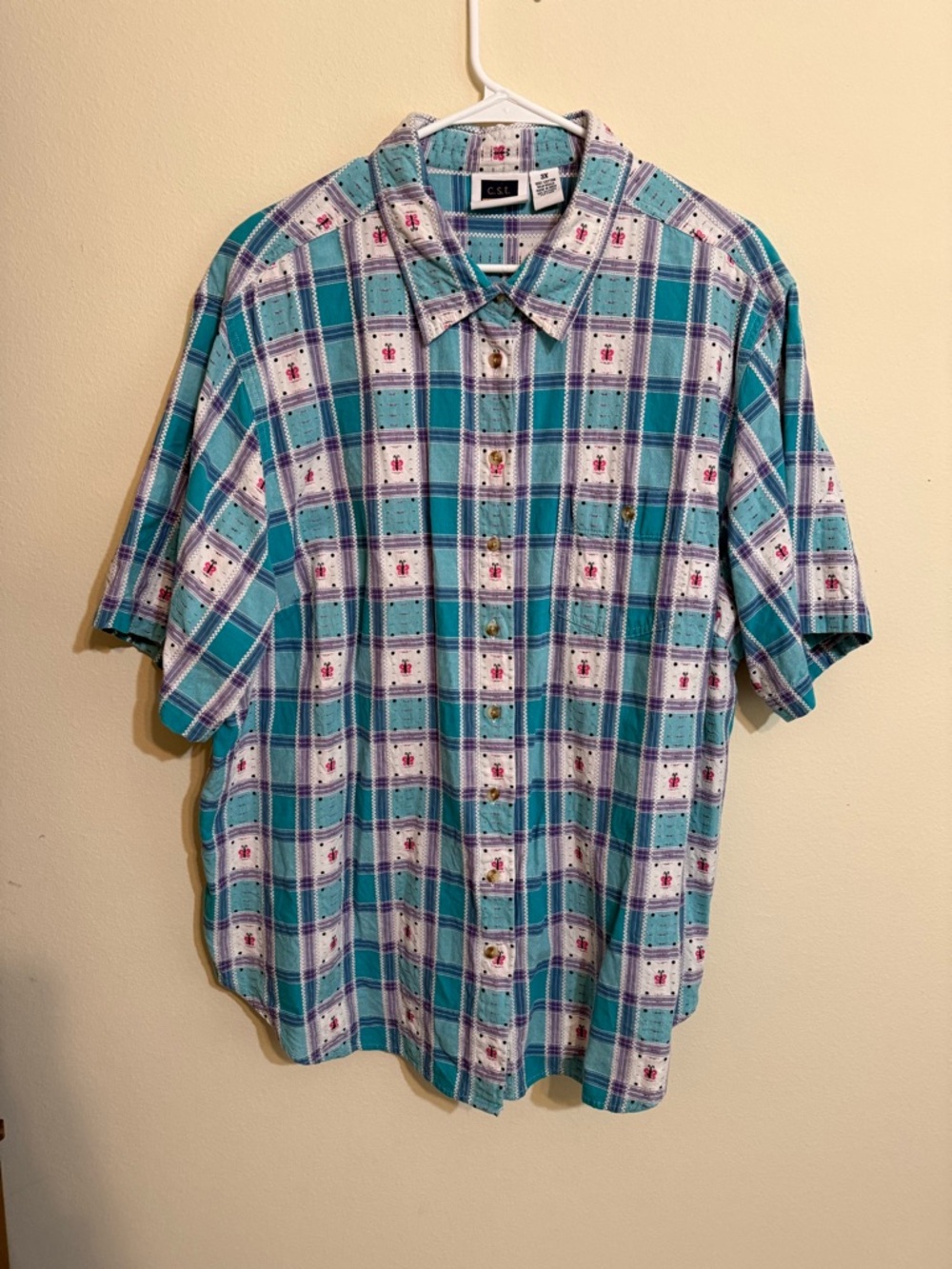 Women’s Teal Plaid Short Sleeve Button-Up Shirt 3X